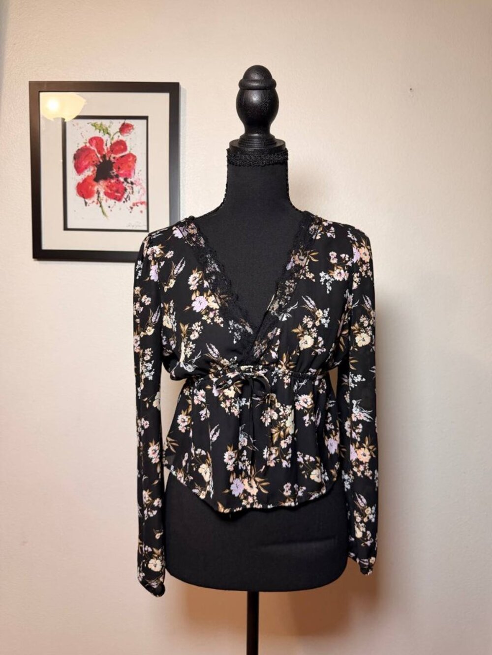 Love Tree Black Floral Wrap Top Peplum Blouse Lace Trim Boho S